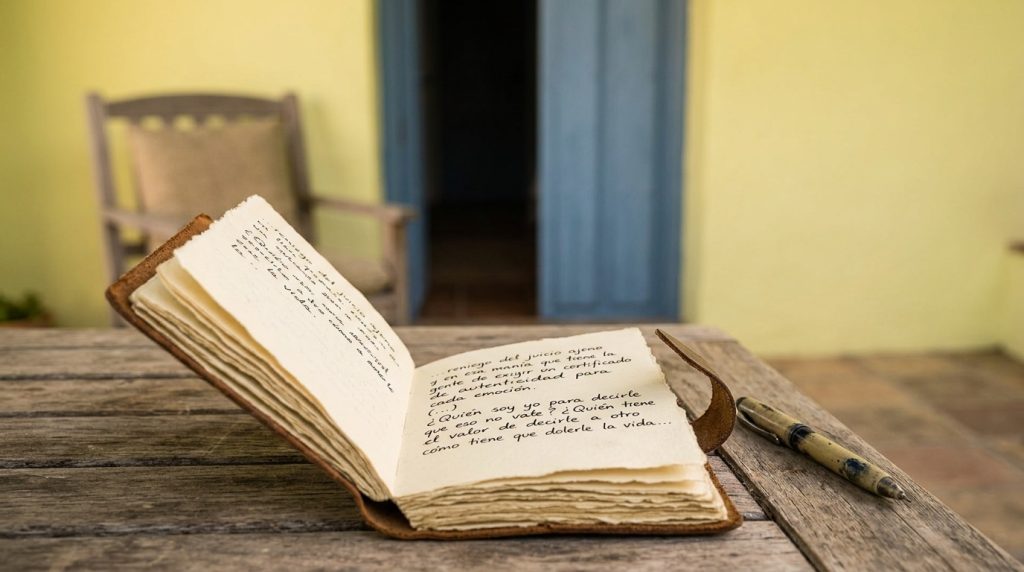 Cuaderno abierto sobre una mesa de madera frente a un patio andaluz, representando el inicio del proyecto Llunara y una reflexión personal.
