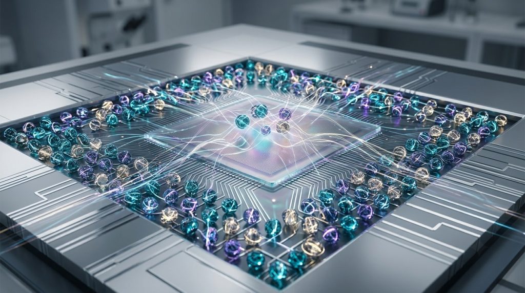 Ilustración conceptual de un procesador cuántico con qubits interconectados mediante estados de superposición y entrelazamiento, utilizada para representar la computación cuántica y su posible relación con la conciencia artificial.